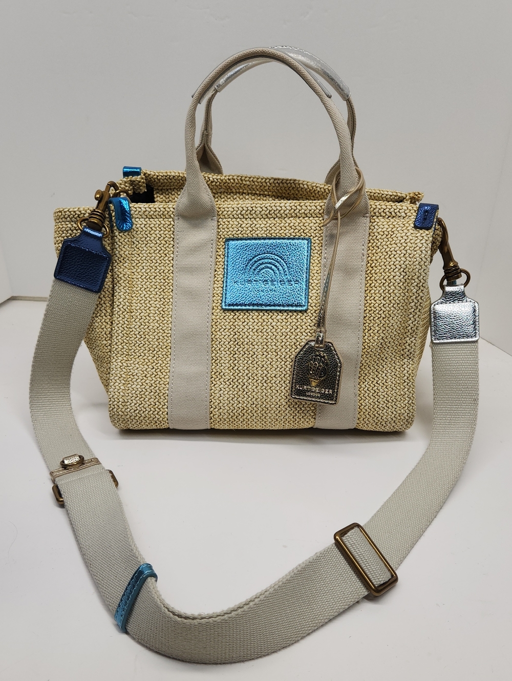 Kurt Geiger Beige Woven LONDON Satchel with Bright Blue Metallic Accents